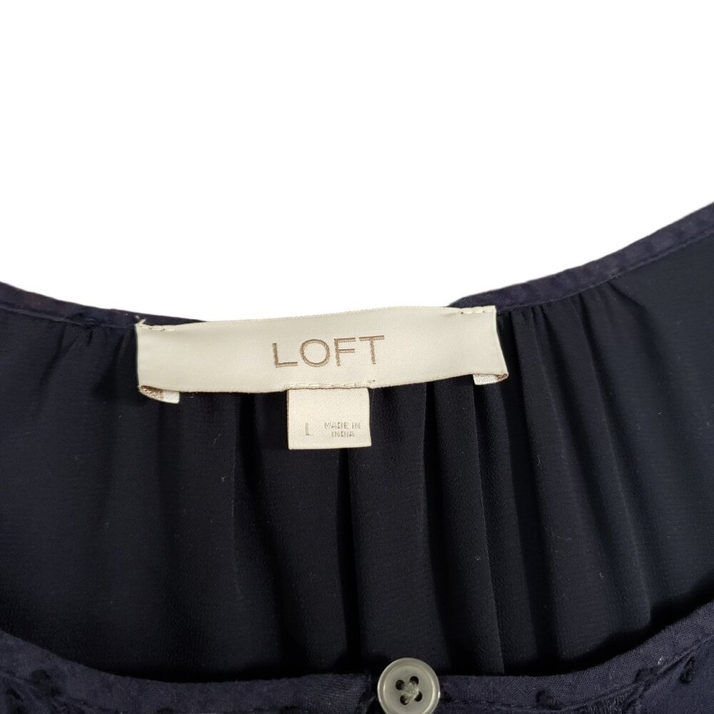 LOFT Women’s Navy Blue Swiss Dot Flutter Sleeve Blouse Size Large - Picture 5 of 8